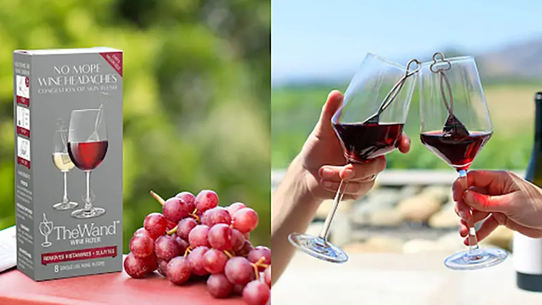 The Wand case next to grapes / People clinking wine glasses with red wine.