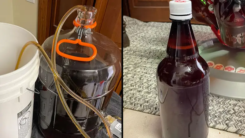 A fermentation bucket sits next to our vessel of wart, with a syphon connecting the two. The right half shows a reusable plastic beer bottle, filled and capped.