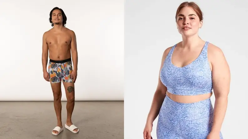 man in Saxx underwear, plus-size woman in Athleta underwear