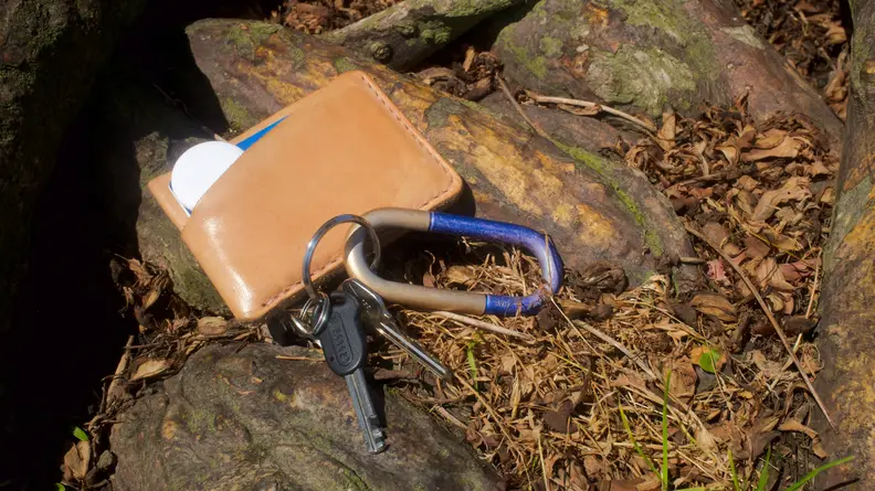 An Apple AirTag resting inside the sleeve of a slim wallet, laying against a tree.