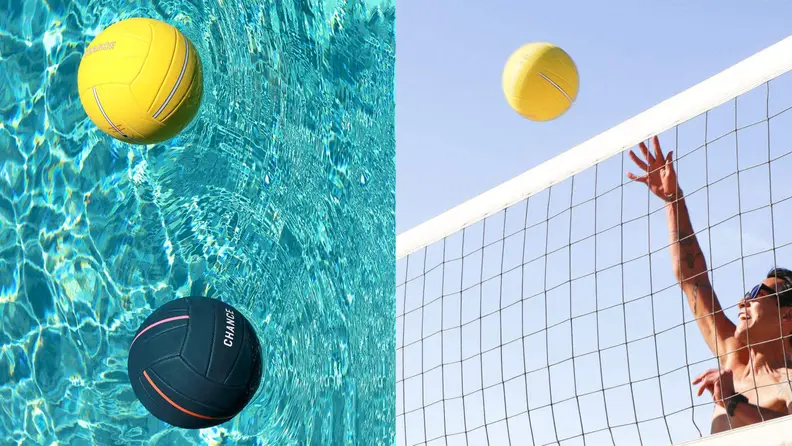 An image of two beach volleyballs in water, and a man hitting a yellow volleyball over a net.