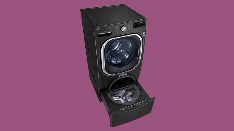 An LG front-load washer ini a white void. We're looking at it from far above, so that we can see down into its pedestal, which conceals a smaller washing compartment.