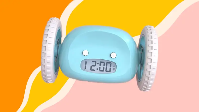 Blue alarm clock with wheels on both sides.