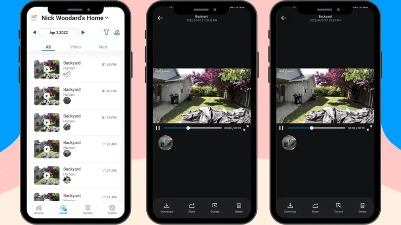Three images of the Eufy security camera interface.
