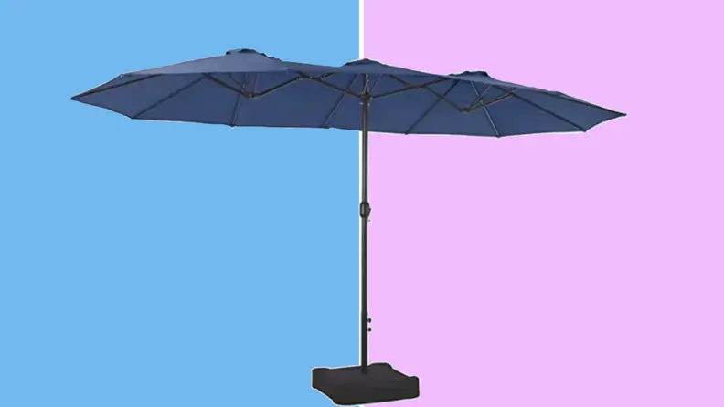 An image of a massive blue patio umbrella.