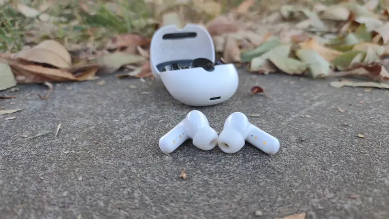 A pair of earbuds on a driveway in front of the charging case