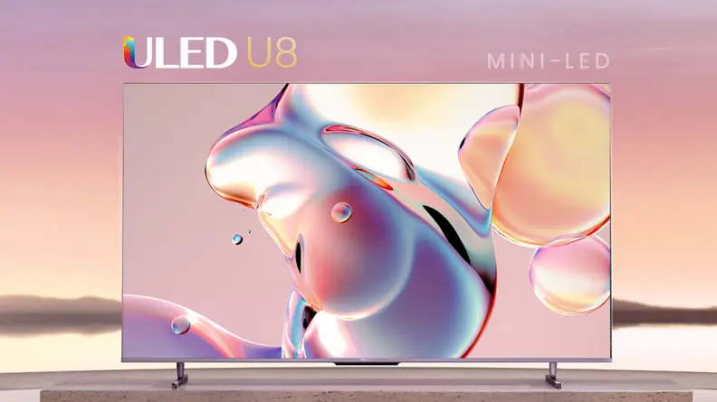 The Hisense U8K 4K ULED TV staged in a futuristic living room setting