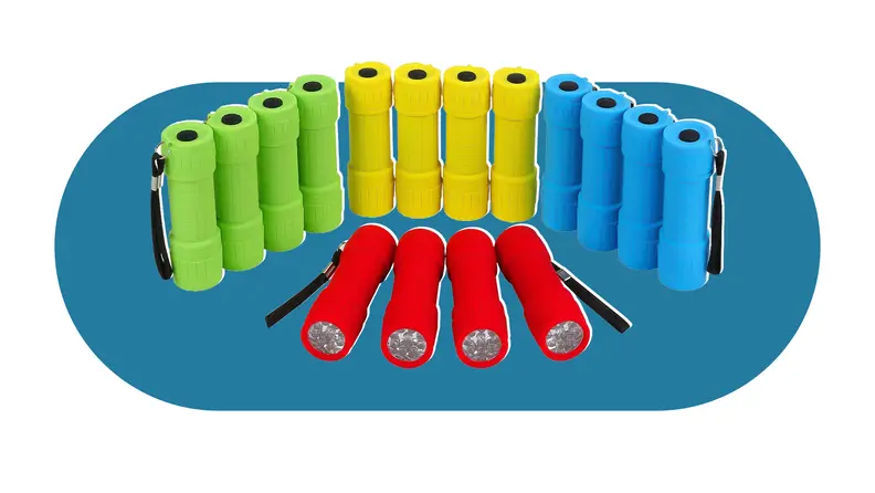 Mini flashlights in four different colors: red, yellow, green, and blue