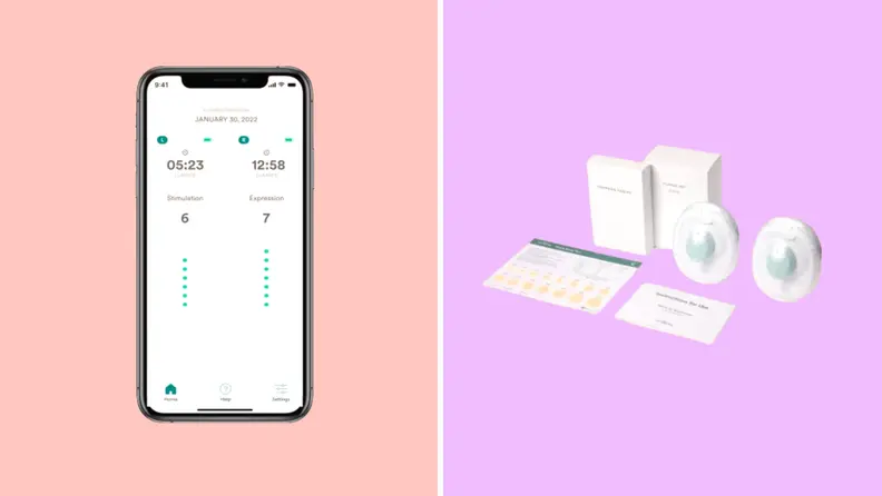 On right, smartphone featuring the Willow Go application. On right, Willow Go breast pump next to instruction booklet.