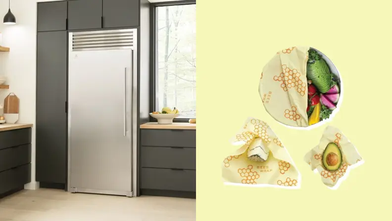 Left: Electrolux single-door refrigerator in a kitchen. Right: product shots Bee's Wrap Beeswax wrap.