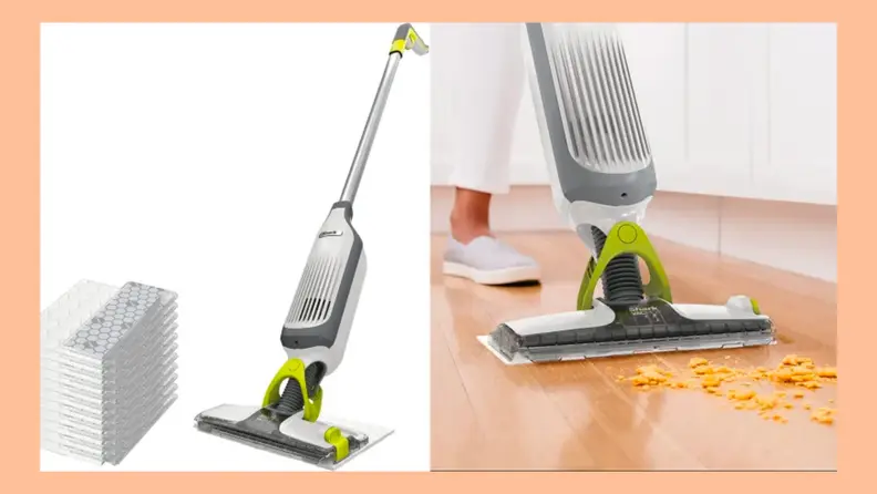 Shark VacMop on a white background; VacMop cleaning up cereal
