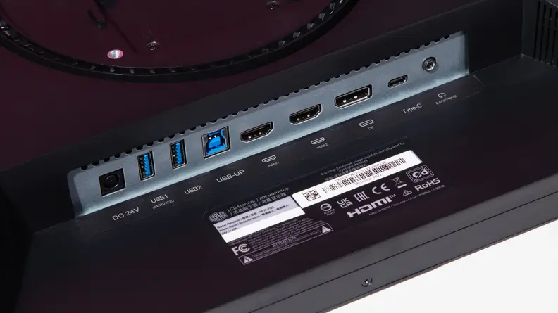 Product shot of the back port panel on the Cooler Master Tempest GP27Q gaming monitor.