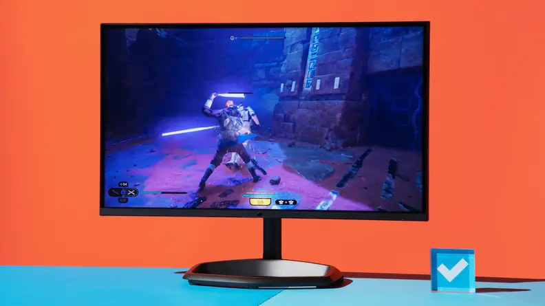 Product shot of the Cooler Master Tempest GP27Q gaming monitor on top of blue surface.