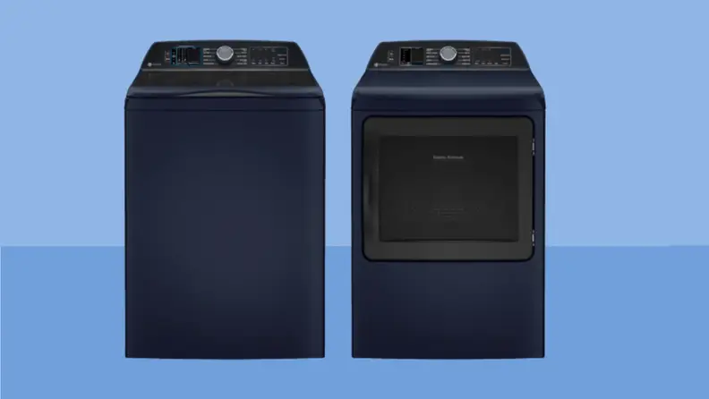 The GE Profile PTW900BPTRS washing machine and GE PTD90EBPTRS dryer side by side in a white void