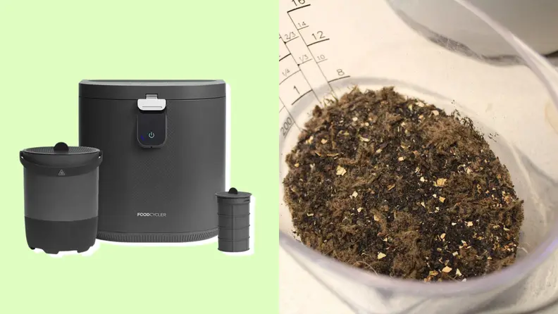 The Vitamix Eco 5 FoodCycler next to a plastic measuring cup with compost in it.