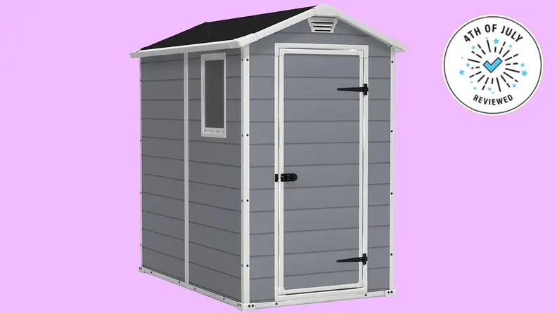 A side view of the Keter shed, floating in a purple void.