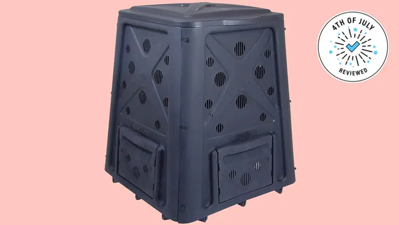 The Redmon compost bin, floating in a pink void.