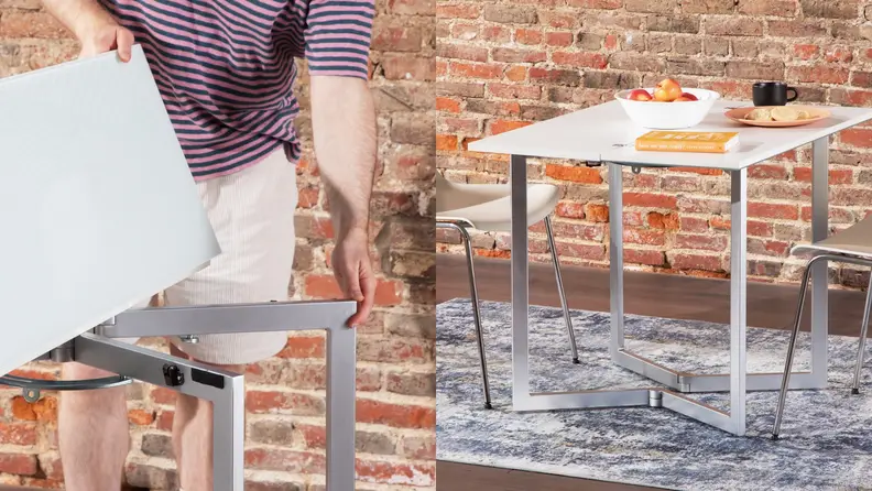 Side-by-side collage of the Expand Furniture Mini Flip folding into a dinner table and a photo of the completed table
