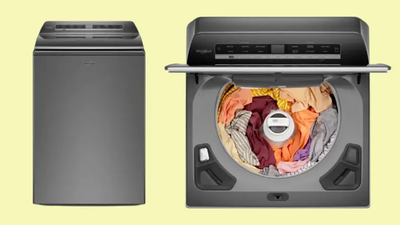 One of our best top-load washers, the Whirlpool WTW8127LC top-load washing machine floats in a white void. The first is a straight-on view, while the second is a top-down view looking into its wash drum, which is filled with colorful laundry.