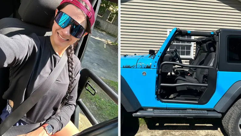 Side-by-side selfie image of the author smiling behind the wheel of her Jeep with the Rugged Ridge Fortis Tube Door next to her, and an outside profile view of the blue Jeep with the doors attached.