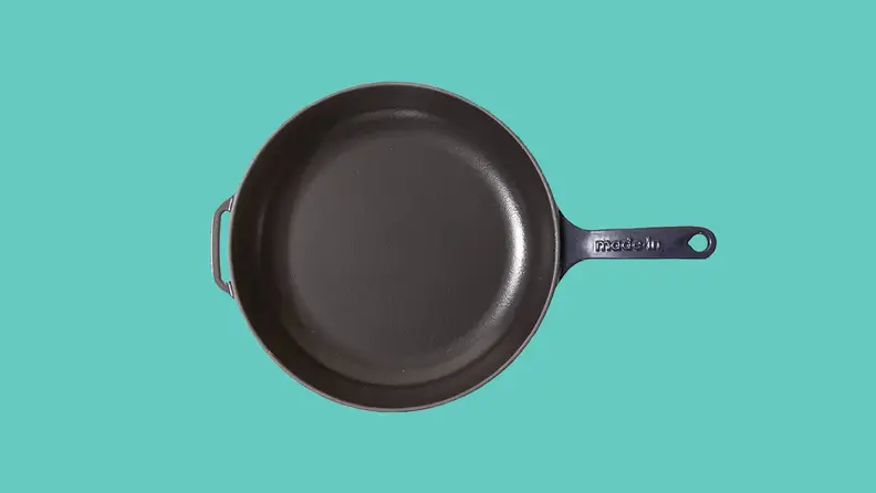 Made in cast iron skillet on a blue background