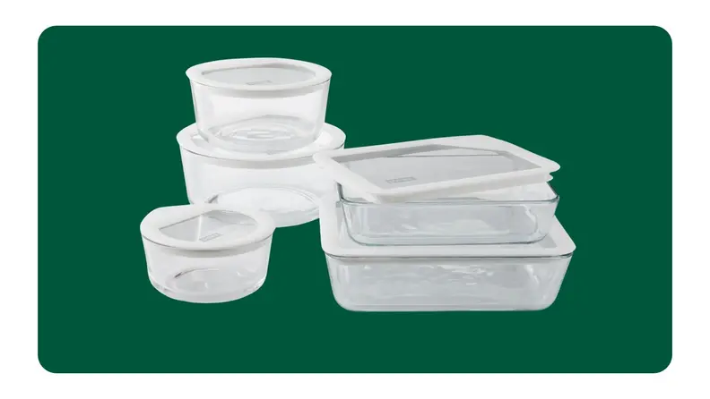 Two side-by-side photos of clear Pyrex containers filled with fruits, veggies, and grains