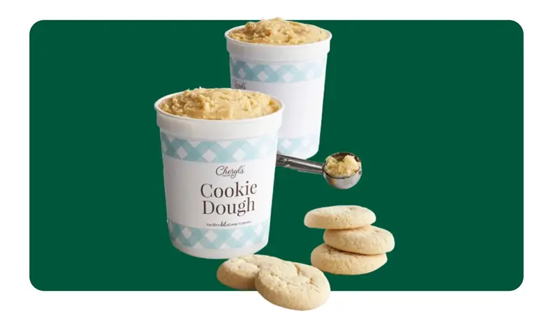 Two side-by-side photos of Cheryl's Cookie dough in a tub next to baked chocolate chip cookies