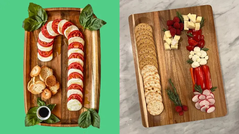 A cutting board with snacks making up the shape of a candy cane.