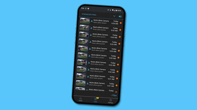 Screenshot of the Blink app showcasing various stored videos from the owner's Blink camera.