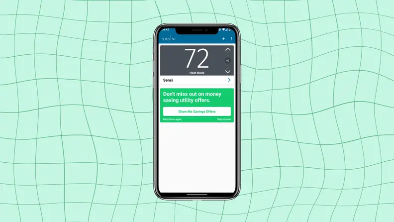 A screenshot of the Sensi app menu shows a pop up for savings offers.