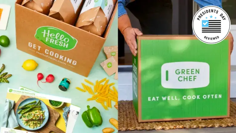 On left, meal kit surrounded by recipes and food. On right, person picking Green Chef package off of porch.