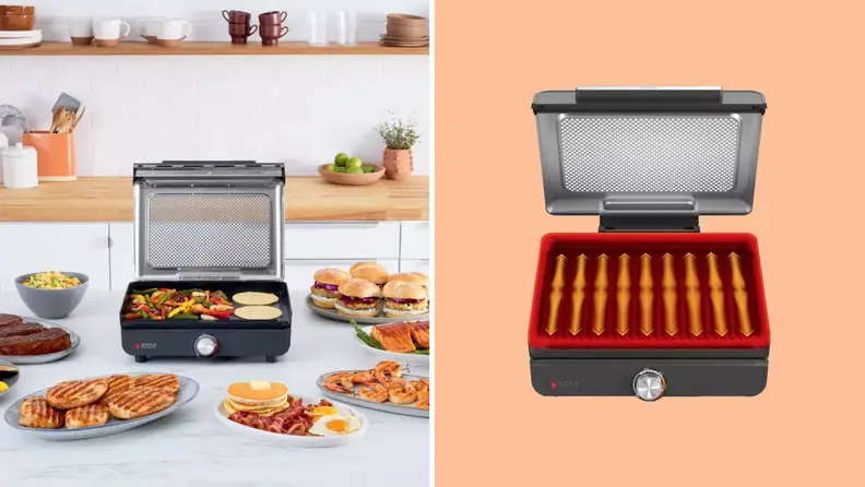 An orange collage with a Ninja Sizzle Smokeless Nonstick Indoor Grill on a kitchen background.