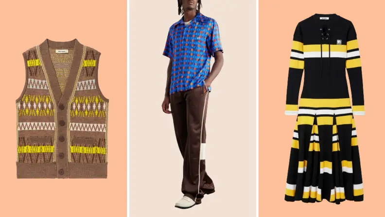 A patterned sweater vest, a male model wearing a blue printed button-up shirt with brown track pants, and a dress that is black white and yellow.