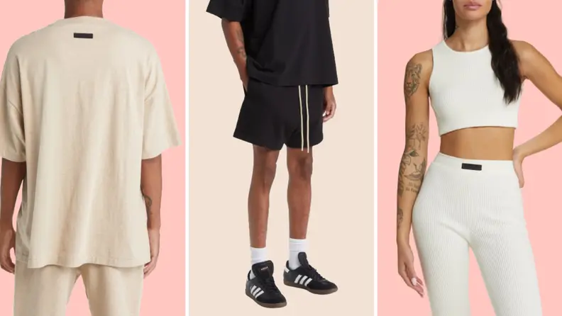 A male model wearing a beige T-shirt with a black tag on the back, close-up of a male model wearing black shorts with long drawstrings, and a female model wearing a white cropped tank top and white pants.