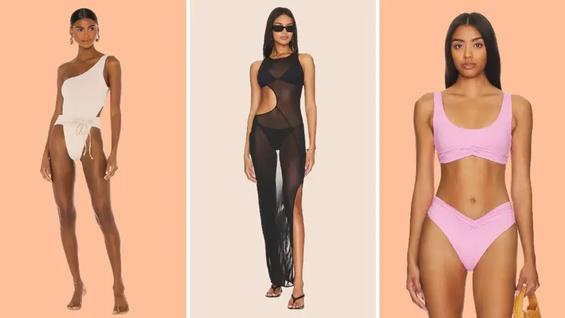 A model wearing a beige one-piece, one-shoulder bathing suit, a model wearing a black cover-up, and a model wearing a pink bikini.