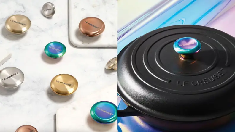 Left: marble surface with several Le Creuset knobs spread out. Right: black Le Creuset pot with iridescent knob
