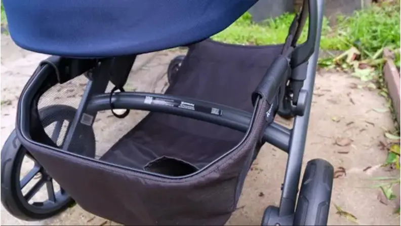 The Uppababy Vista V2 storage basket underneath the stroller.