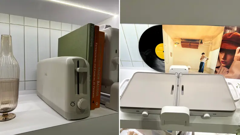 Left: Bella Fits-anywhere Slim Toaster Right: Folding grilldle in the open position.