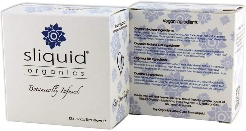 Product shot of the box packaging for the Sliquid organic sampler lube cube.