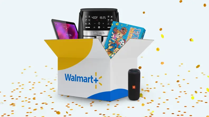 A box with a Walmart+ logo holding an air fryer, speaker, and more.