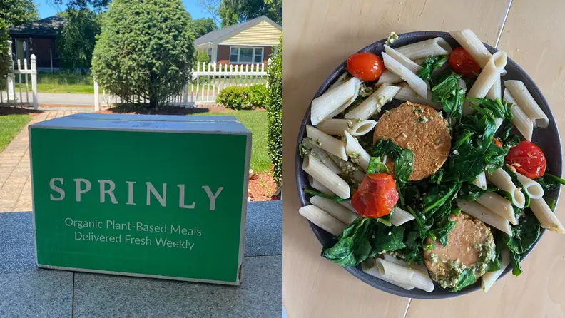 Left: Sprinly box on front porch. Left: plate of pasta with veggies
