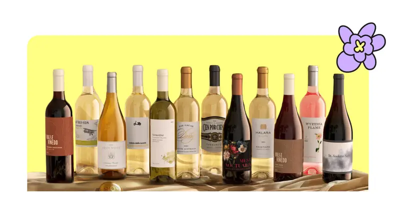 Twelve bottles of different red white and rose wine on a yellow background