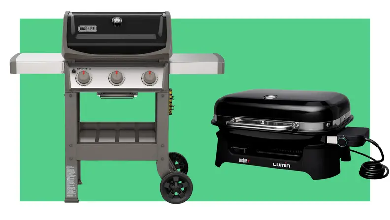 Two black grills side-by-side on a green background.