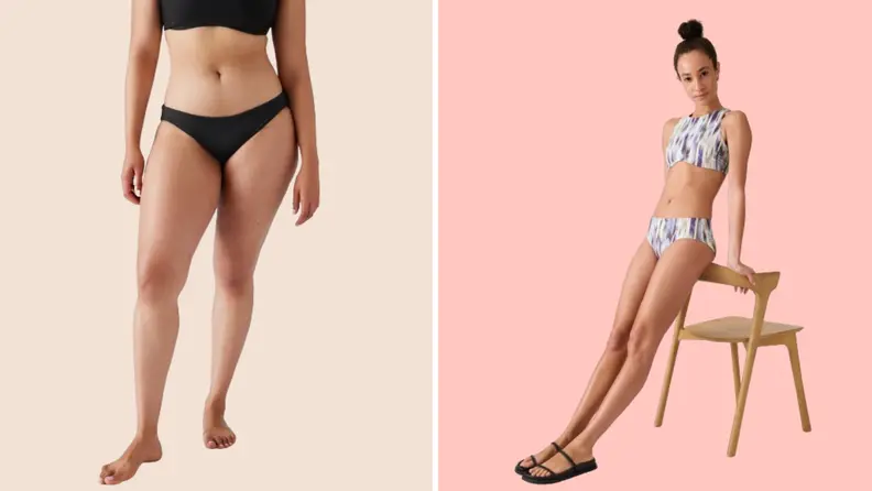 Models wearing a black bikini bottom, and a blue and white printed bikini.