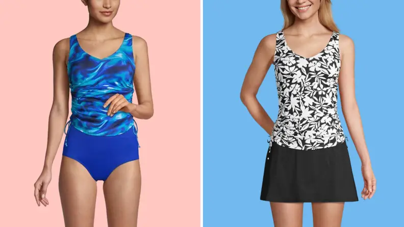 Model displaying front and back of blue and navy tankini swimsuit set, and also the same tankini in black and white floral print.