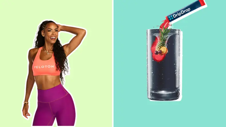 Left: A woman in workout clothes. Right: A capsule of DripDrop being used on a glass of water.