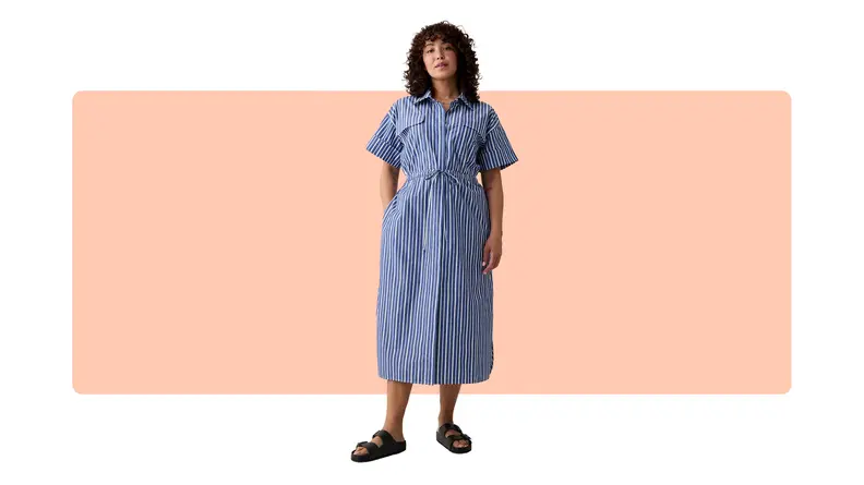 A blue striped shirtdress.