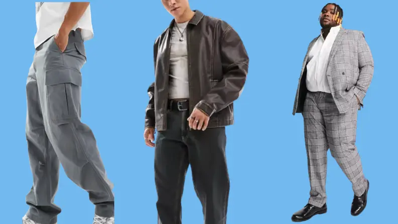 Model wearing gray sweatpants, man wearing oversized leather jacket, man wearing  gray plaid  suit jacket against blue background