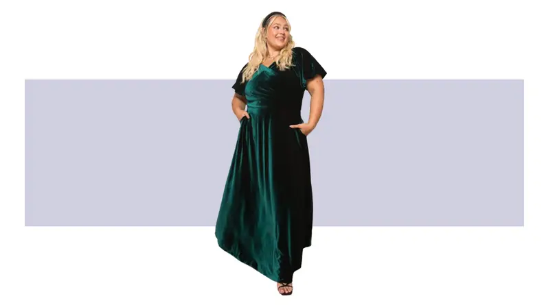 A green velvet maxi gown.