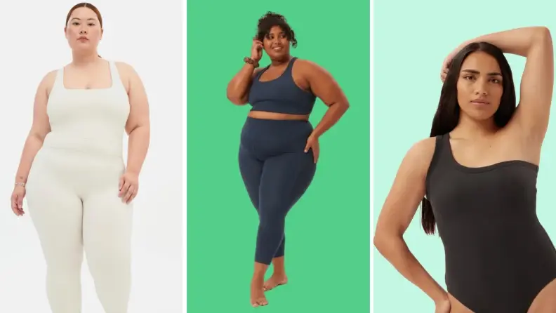 Collage of a woman wearing an orange dress, a photo of another woman wearing a two-piece workout set, and a third woman wearing a bodysuit.